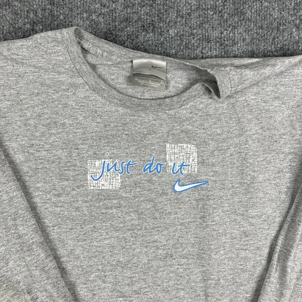 Nike Long Sleeve‎ Shirt Womens L Gray Just Do It Blue Graphic Athletic Tee